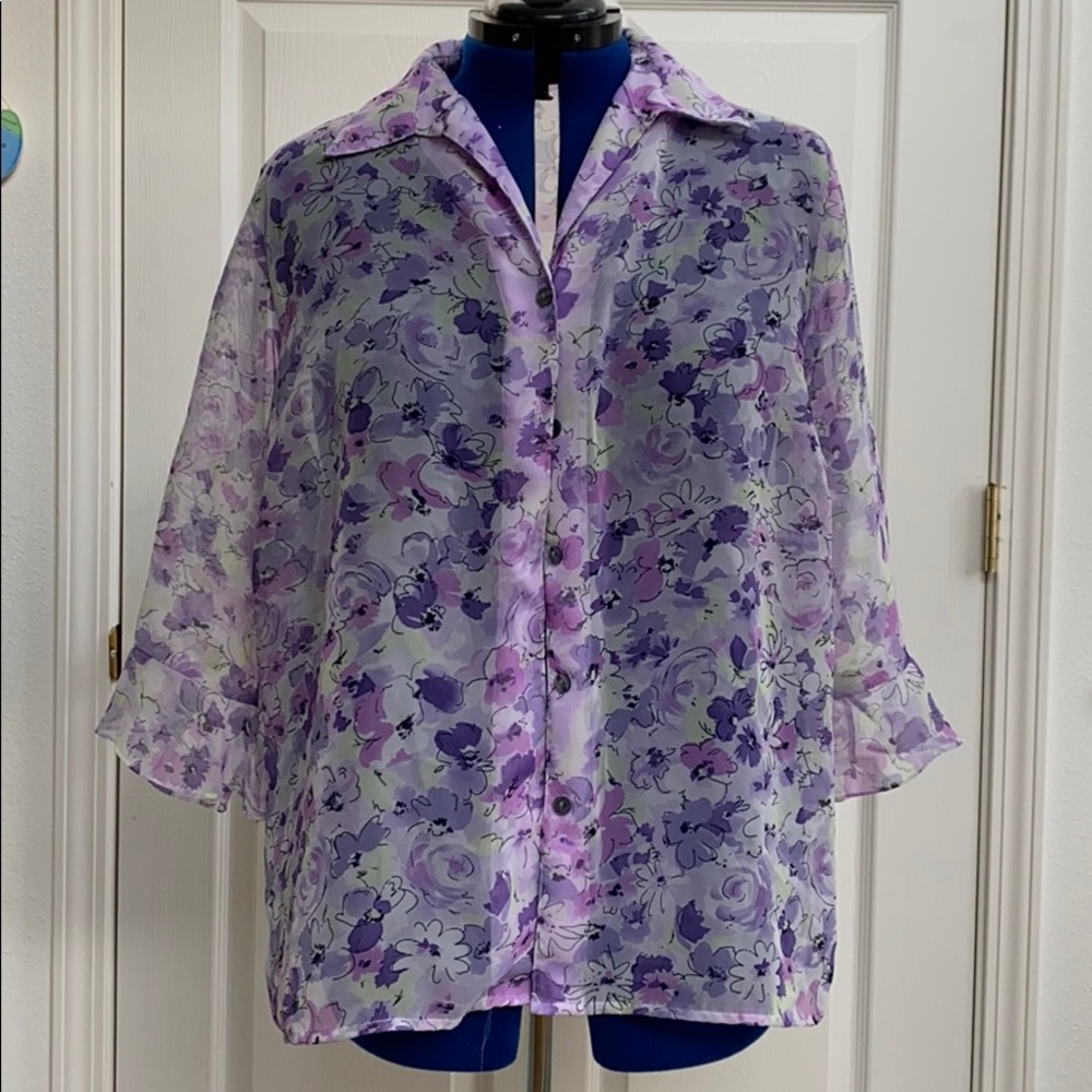 Notations Sheer Button Down Blouse